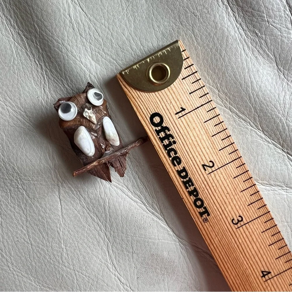 Handcrafted Wood and Shell Owl Pin with Googley Eyes